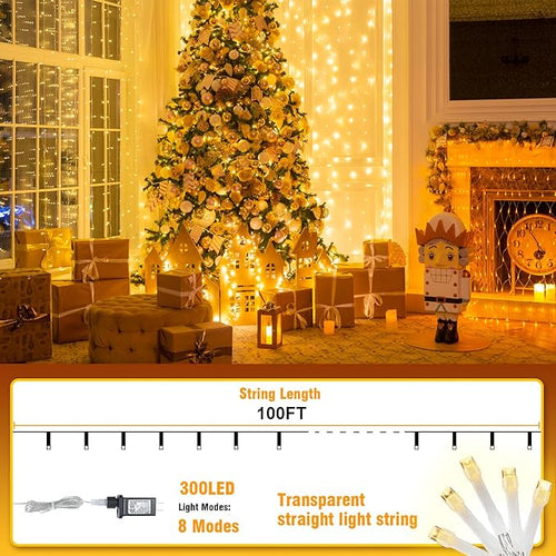 100FT Warm White String Lights – 300 LED Extra Long Waterproof Fairy Lights on Clear Wire, Plug-in Indoor Outdoor Decorations for Christmas, Wedding, Patio, Bedroom, Party