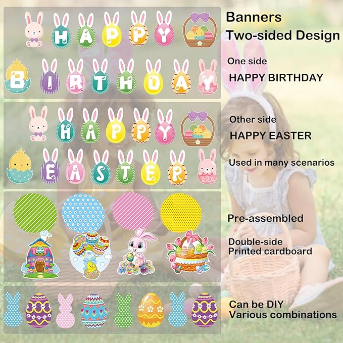 Easter Decorations for Home Decor - 47Pcs Danner Kit, Happy Easter Banners with 3D Bunny Backdrop for Photography Birth Party Favors for Class Office Ceiling Decor Yard Garden Outdoor