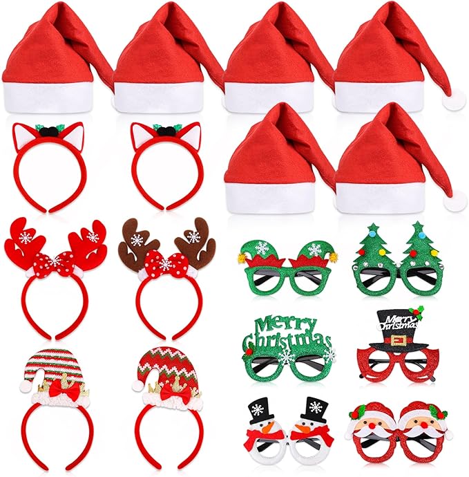 18 Pcs Christmas Glasses Glitter Headbands Hats Set, Hair Hoop Eyewear Eyeglasses Frame Santa Hat Photo Props for Adults Christmas Party Favors Holiday Photos Booth