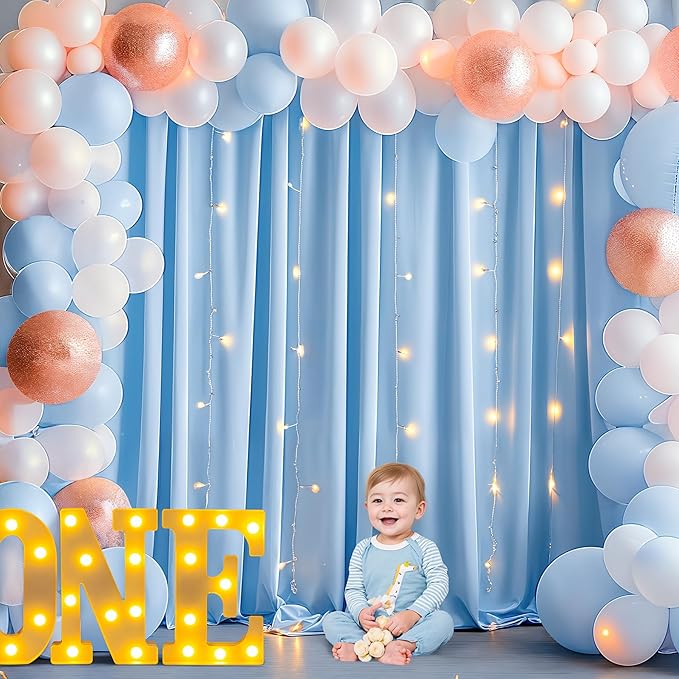 10 x 10ft Baby Blue Polyester Backdrop Curtains with Lights String for Baby Shower, Wedding, Anniversary & More - 2 Pack (5 x 10ft Each) with 9.8ft USB Powered Curtain Lights & 12 Clips