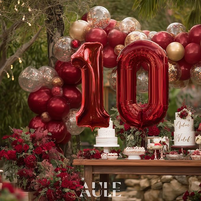 AULE 40 Inch Big Red Foil 10 Number Balloons for Women Large 10th Happy Birthday Decorations Giant Huge Helium Mylar Anniversary Party Décor