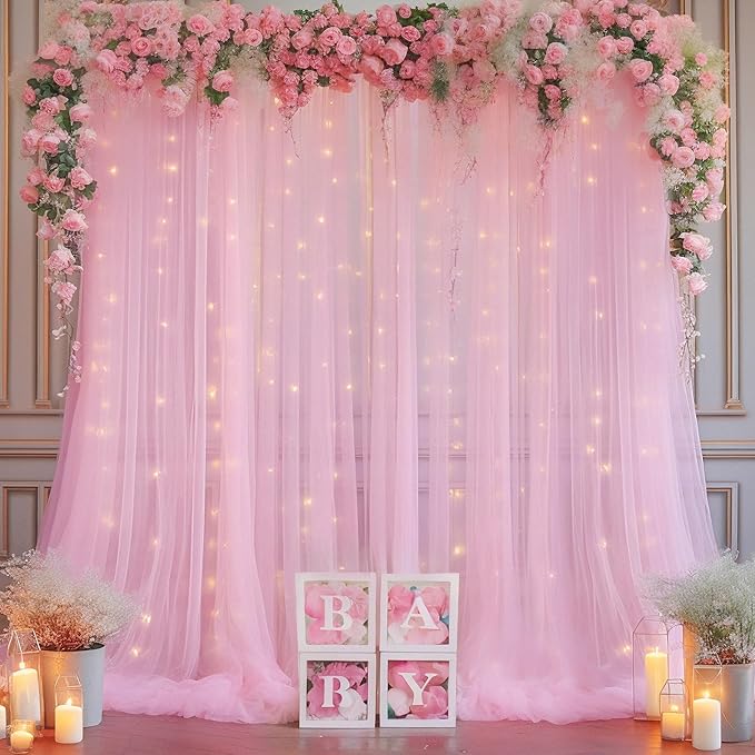 30×10ft Pink Tulle Backdrop Curtain with Lights String for Parties, Sheer Photo Backdrop Curtains for Wedding Party Photography Background