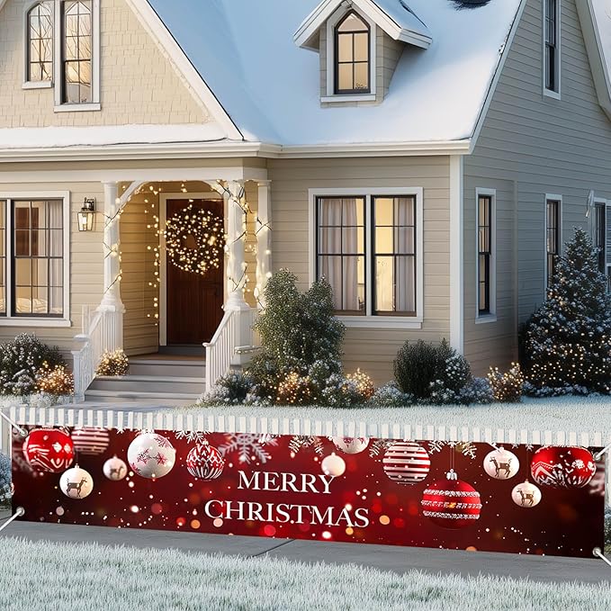 Merry Christmas Decorations Banner Polyester Fabric Ornaments Tree Branches Glitter Design for Indoor Outdoor Garden Fence Banner Outdoor Porch sign 118x20 Inch Party Supplies