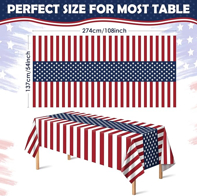 OHOME 4th of July Decorations - Patriotic American Flag Plastic Tablecloth for 250 America Anniversary USA | Fourth of July Accessories for Home Outdoor Outside Party Favors,54"x108",2 Pack