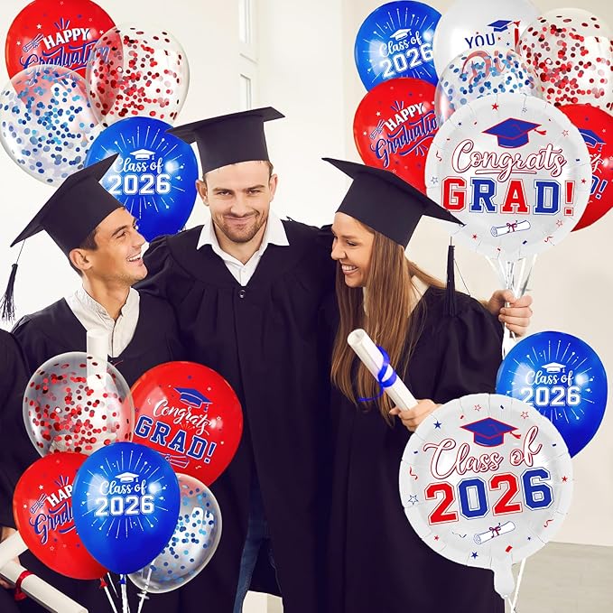 Red and Blue Graduation Balloons Graduation Decorations 2026, 51Pcs Grad Latex Balloons and Grad Foil Balloon with Confetti Ribbons Grad Party Decorations for College High School