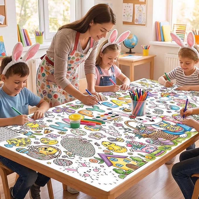 Easter Giant Coloring Poster/Tablecloth, 30 x 72 Inch Jumbo Craft for Kids Art Crafts Paper Banner Kids Games Activities,Coloring Tablecloth Crafts for Easter Classroom Wall School Home Parties