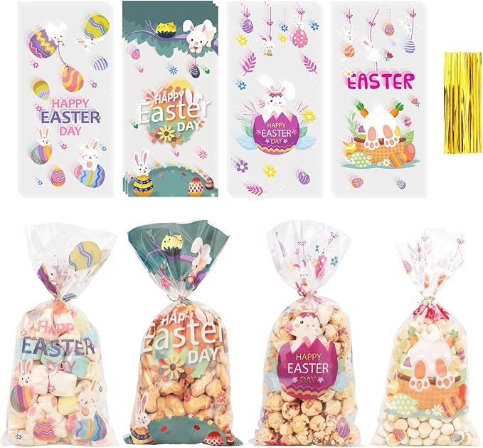 Easter Goodie Bags, 100 PCS Easter Cellophane Treat Bags, Easter Cookie Snack Candy Party Favor Ziplock Cookie Bags Holiday Candy Bags Easter Plastic Gift Bags for Gift Giving Easter Decorations
