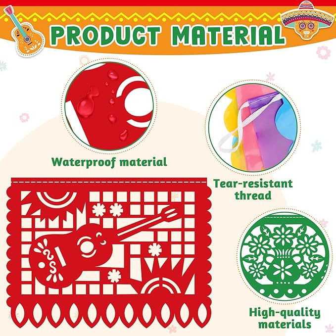 6 PCS Cinco De Mayo Banner, 110FT Colorful Fiesta Party Decorations, Plastic Hanging Papel Picado Mexican Banner for Dia De Los Muertos Decorations Day of Dead Altar Kit Fiesta Decor Party Favor