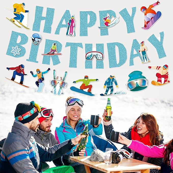 Zwiebeco Blue Skiing Happy Birthday Banner Bunting Garland Hanging Paper Party Decoration for Boys Girls Mens Womens Snow Skier Lover Winter Ski Snowboard Sports Themed Bday Decor Accessories Supplies