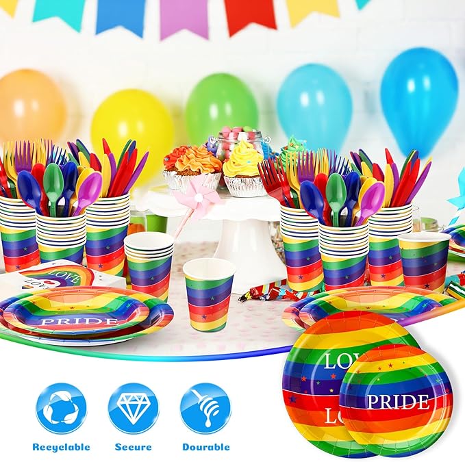 350 Pcs Disposable Gay Pride Month Party Tableware for 50 Guests Rainbow Paper Plates Love Napkins Cups Knives Forks Spoons for Gay Pride Party Lgbt Parade Festival Events Club Dance