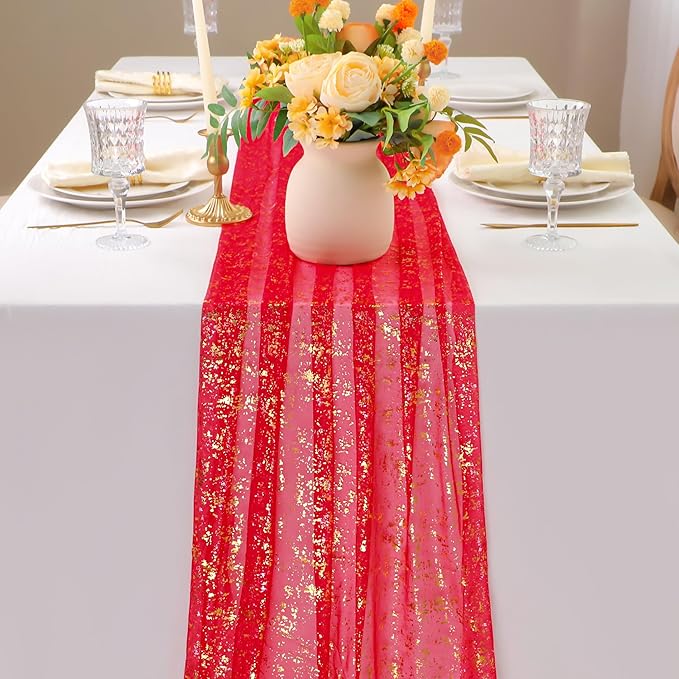 Snowkingdom Red Gold Table Runner Gauze 10FT Sparkly Sequin Glitter Sheer Chiffon Cheesecloth Runner 120 Inch Home Party Decorations for Wedding Anniversary Birthday Graduation Christmas Holiday