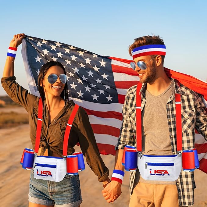 Sweetude USA America Flag Fanny Pack 4th of July Patriotic Beverage Beer Belt Costume Set Outfit Accessories with Drink Holder Sunglasses Striped Sweatband Men Women