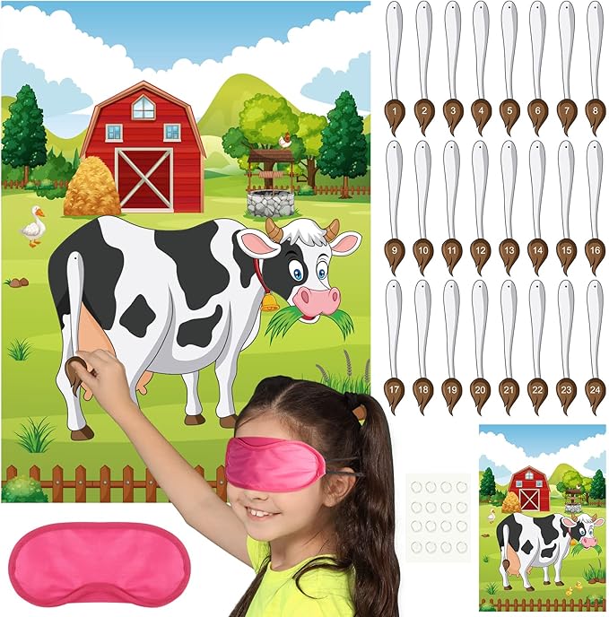 PLULON Pin The Tail on The Cow Party Game for Kids, Cow Farm Themed Animal Birthday Games Poster with Tail Stickers for Kids Farm Animal Donkey Party Favors Home Wall Decorations