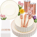 YOUBET 175PCS Ivory Scalloped Plastic Plates - Rose Gold Disposable Dinnerware Set Include 50 Plates, 75 Rose Gold Silverware, 25 Cups, 25 Napkins for Party & Wedding & Baby Shower