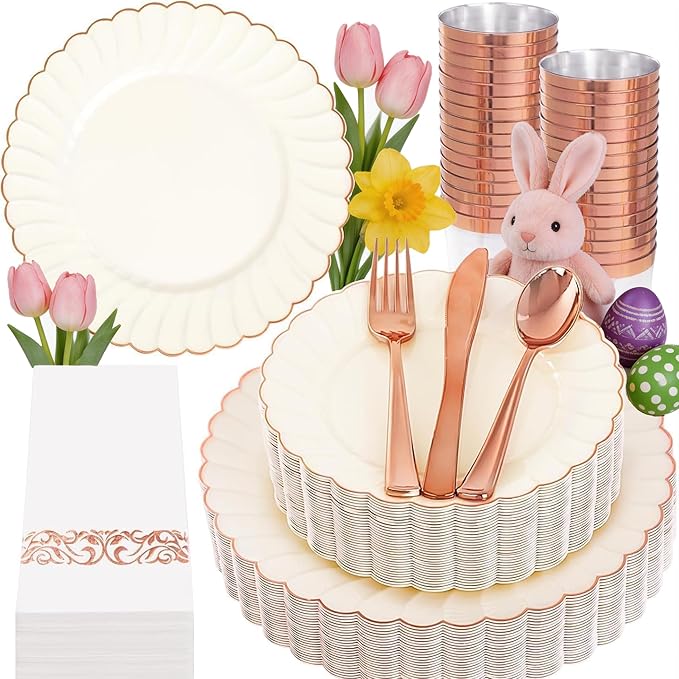 YOUBET 175PCS Ivory Scalloped Plastic Plates - Rose Gold Disposable Dinnerware Set Include 50 Plates, 75 Rose Gold Silverware, 25 Cups, 25 Napkins for Party & Wedding & Baby Shower