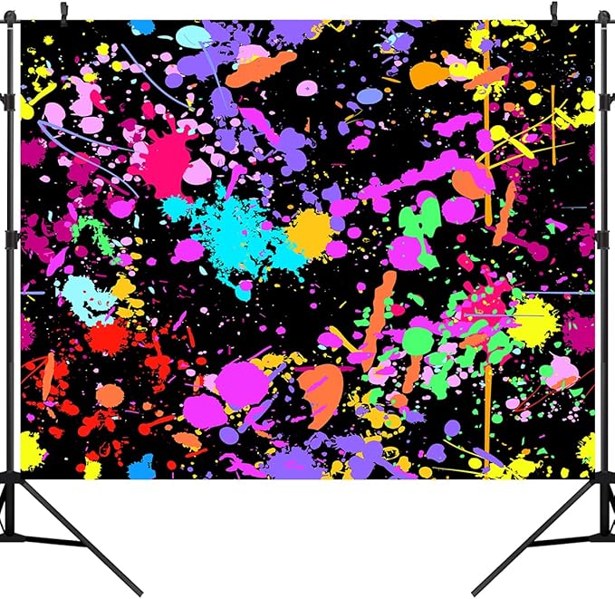 Paint Splatter Happy Birthday Backdrop Colorful Neon Glow Painting Graffiti Retro Disco Hip Pop Photography Background Pictures Photo Booth Studio Banner Birthday Party Decoration Prop 10X8FT CEM123D