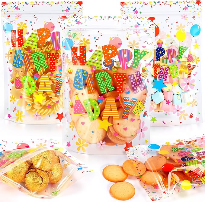Fuutreo 50 Pcs Happy Birthday Bags Plastic Birthday Sealed Pouches Resealable Colorful Balloons Bags Party Favor Pouches for Home Candy Small Gift Party Wrapping Supplies Decoration