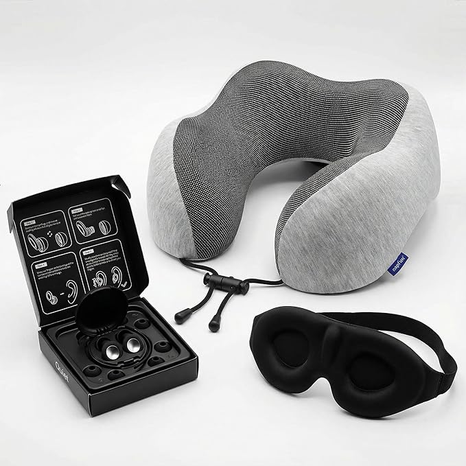 Must-Have Travel Kit Memory Foam Neck Pillow with Adjustable Fit & Removable Cover, 100% Light-Blocking Eye Mask, Reusable Noise-Reducing Earplugs, & Storage Bag Perfect Travel Essentials Set