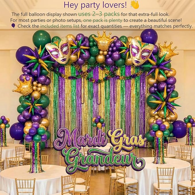 Mardi balloon garland arch kit Purple green gold with star Crown and Crown Mask Balloons for Gorgeous Funny Grand Fat Tuesday Party decorations