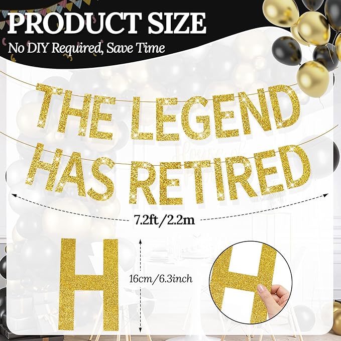 The Legend Has Retired Banner Gold Glitter Pre-Strung No DIY Retirement Banner Decorations for Men Women Retirement Party Supplie(Gold)