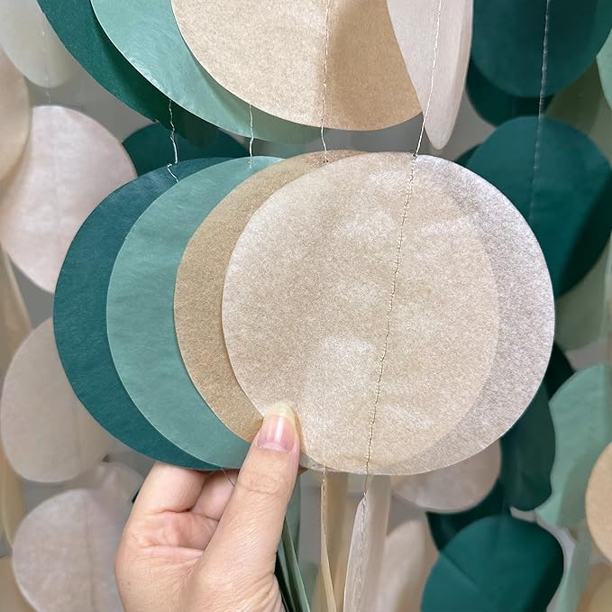205Ft Sage Green Circle Dot Garland Backdrop Dusty Green Tissue Paper Polka Dots Hanging Streamer for Woodland Jungle Safari Neutral Birthday Baby Shower Wedding Engagement Party Decorations Supplies