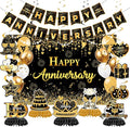 Happy Anniversary Decorations - Black Gold Wedding Party Decorations Kit, Happy Anniversary Banner, Backdrop, Hanging Swirls for Work Decorations (Black Gold)