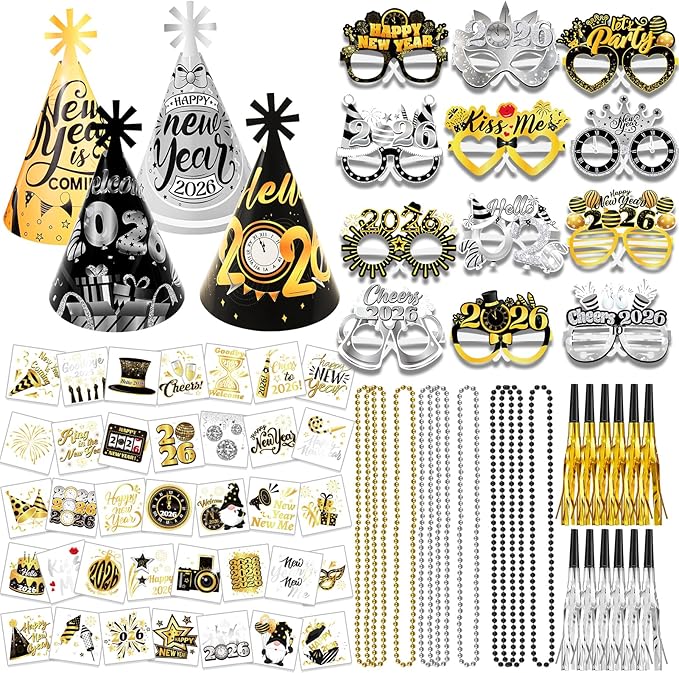 HOWAF New Year Eve Party Supplies 2026, Black Gold Silver Happy New Year 2026 Cone Hats New Years Eve Hats 2026 Glasses Party Blowouts Tattoos Bead Necklaces NYE Party Favors 2026 Decorations