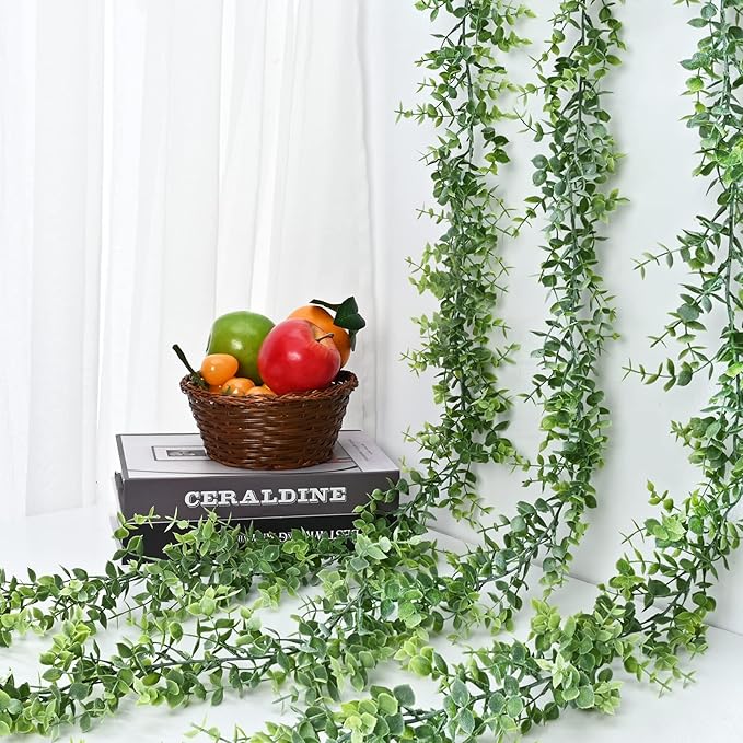 Dolicer 3 Pack Artificial Eucalyptus Garland, 6Ft/Pcs Greenery Garland Faux Vines Garlands Plant Artificial Hanging Eucalyptus Leaves Green Garlands Decor for Bedroom Wedding Arch Wall Party Table