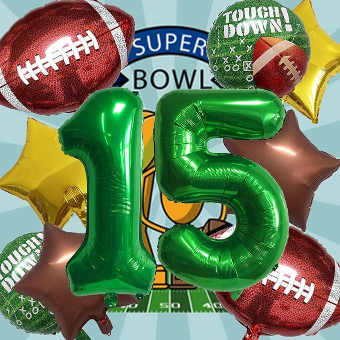 Football Balloons Foil Football Birthday Decorations Balloons Green Number 15 Balloon Gold Brown Star Touchdown Ballons for Rugby Birthday Decorations Sports Ballons Arch Kits Party Balloon Sets 10pcs