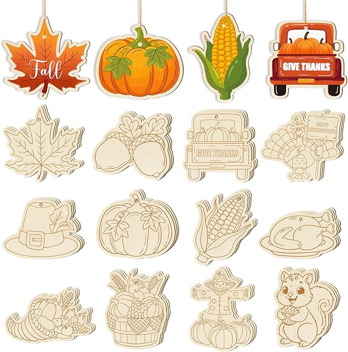 36PCS Wooden Thanksgiving Decoration Fall Ornaments to Paint Happy Thanksgiving Crafts Cutouts Unfinished, DIY Blank Fall Unfinished Turkey Maple Leaf Truck Pumpkin Ornament for Home Harvest Hanging