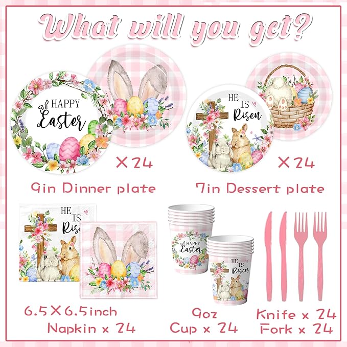 He Is Risen Easter Decoration He is Risen Bunny Eggs Cross Tableware Pink Cute Rabbit Floral Farmhouse Disposable Paper Plates Napkins Cups Forks and Knives for Spring Home Party Decor,Serve 24