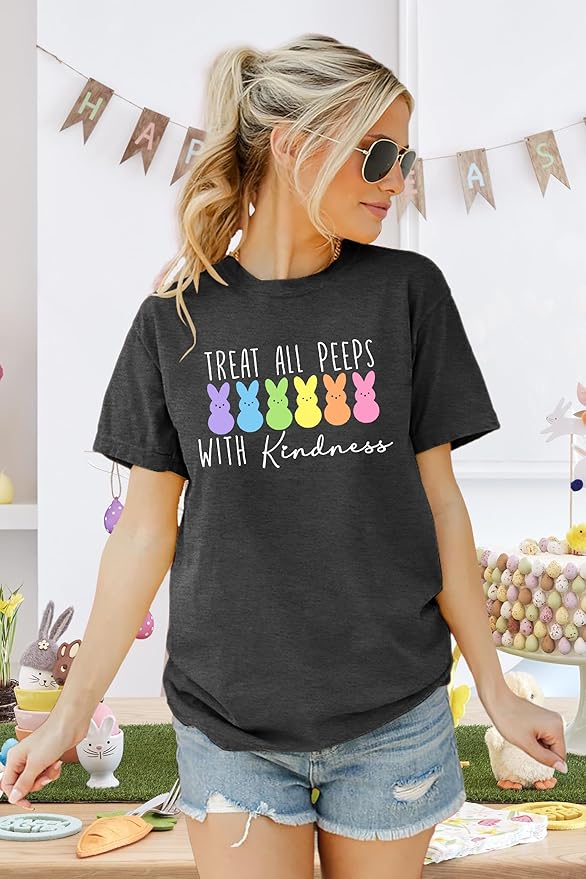 LAZYCHILD Women Easter Teacher Shirts: Funny Treat All with Kindness T-Shirt Bunny Rabbit Tee Tops