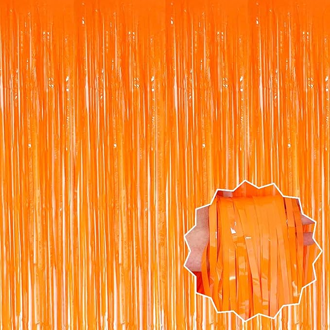 3 Pack Macaron Orange Foil Fringe Curtains Backdrop, 3.28 x 8.2 Ft Metallic Streamers Tinsel Curtains Background for Photo Booth, Birthday, Halloween, Christmas, New Year Party Decorations
