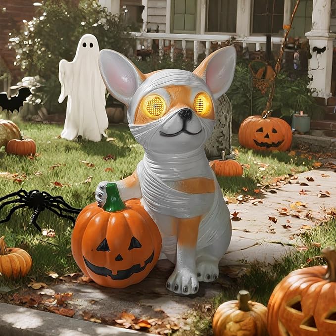 Halloween Decorations, Halloween Dog Statue Holding Pumpkin, with 360°Rotating Glowing Eyes and Solar Power,Outdoor Dog Statue for Front Door Porch, Yard, Lawn, Garden &Spooky Gifts