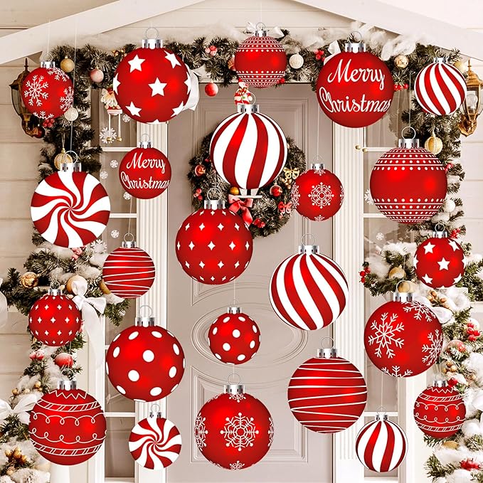 Huwena 24 Pcs Christmas Decorations Outdoor Christmas Hanging Ornaments Peppermint Candy Yard Signs Double Sided Lawn Decorations Peppermint Ornaments for Xmas(Red)