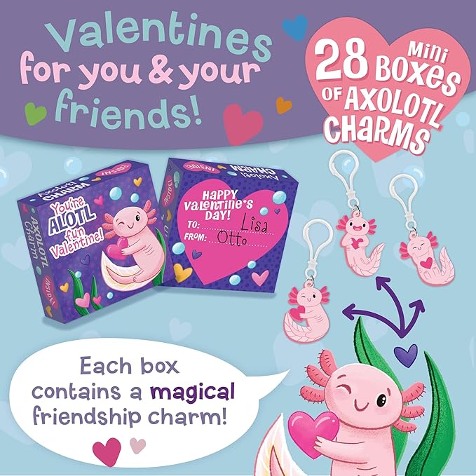 Peaceable Kingdom Valentines Box for Kids, Valentines Day Box Kit for Valentines Cards for Kids Classroom - Axolotl Friendship Charms