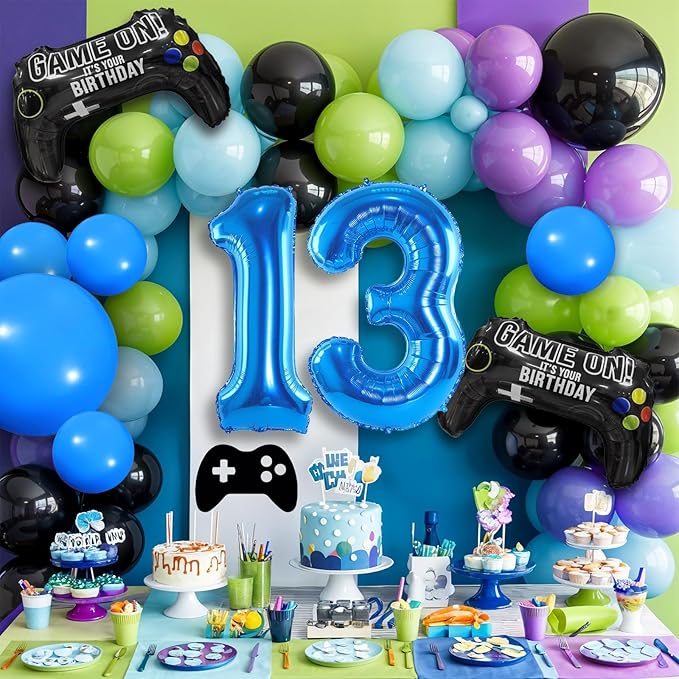 13th Video Game Balloons Arch, 13th Game Party Balloons Garland Kit 13th Birthday Supplies with Blue Number 13 Foil Balloons for 13 Year Old Teens Boys Decor