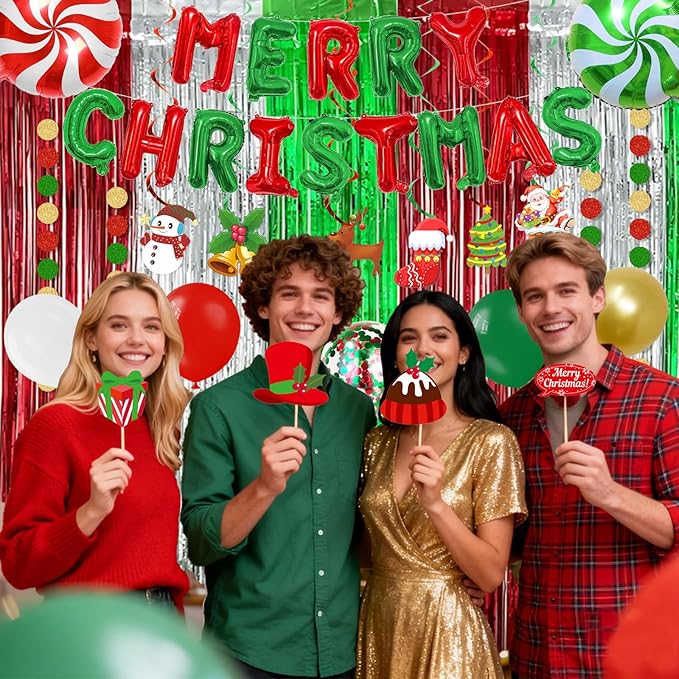 102 PCS Christmas Party Decorations Kits,Merry Christmas Foil Balloons,Xmas Photo Booth Prop, Red Green Latex Balloons,Hanging Swirl,Fringe Curtain for Xmas Decorations Indoor Home Decor
