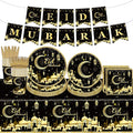 98PCS Eid Mubarak Party Supplies Black and Gold Ramadan Tableware Set Ramadan Mubarak Paper Plates and Napkins Eid Mubarak Party Decorations Eid Al-fitr Party Disposable Dinnerware Set for 16 Guests