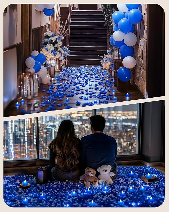 Amagic 1000 Pieces Blue Artificial Rose Petals with 12 Blue Heart LED Tea Lights, Rose Petals, and Candles Set for Proposal, Anniversary, Romantic Night, Wedding Decor
