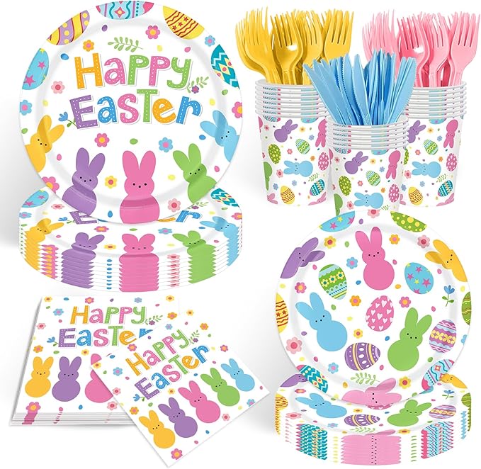 Easter Paper Plates and Napkins Sets,144pcs Bunny Egg Happy Easter Tableware Supplies Disposable Easter Themed Birthday Party Plates Napkins Cups for Spring Themed Decor