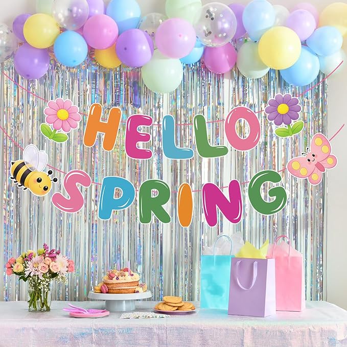 Hello Spring Banner,Colorful Spring Party Decorations with Bee, Butterfly & Flower for Spring Theme Party, Classroom,Office,Home Decor (No DIY Needed)
