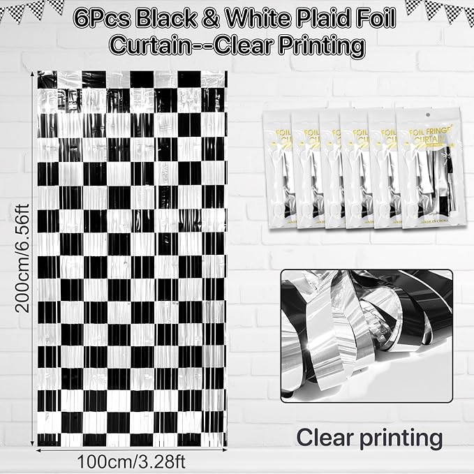 6 Pack 3.3Ft x 6.6Ft Race Car Checkered Foil Fringe Curtain Backdrop Decorations, Black White Metallic Tinsel Foil Streamers Curtain Photo Booth for Race Car One Happy Dude Birthday Party Decorations