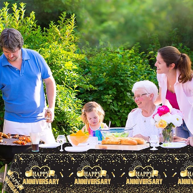 Tevxj 3 Pack Happy Anniversary Tablecloth Disposable Anniversary Party Decorations Black Gold Dot Confetti Table Covers Party Supplies for Rectangle Tables Favors for Guests 54 x 108 Inch