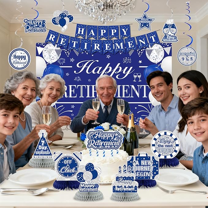 Retirement Party Decorations for Men Women Blue Silver Happy Retirement Banner Backdrop Honeycomb Centerpiece Cake Topper Hanging Swirl Set