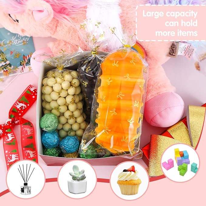 Clear Gift Bags, 4X9 In 100 PCS Cello Cellophane Treat Bags Party Favor Bags Clear Candy Cookie Bags Plastic Poly Goodie Bags with Twist Tie for Birthday,Baby shower,Wedding (Gold Bow)