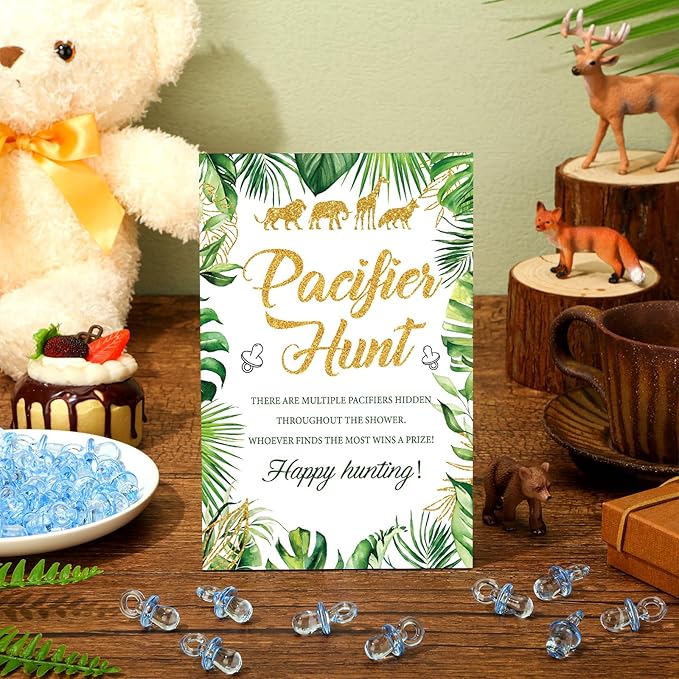 Thyle 51 Pcs Safari Jungle Animals Pacifier Hunt Baby Shower Games Include Hunt Sign and 50 Acrylic Pacifiers for Wild Animals Baby Shower Game Decoration Gift Sets Gender Reveal Party Decor