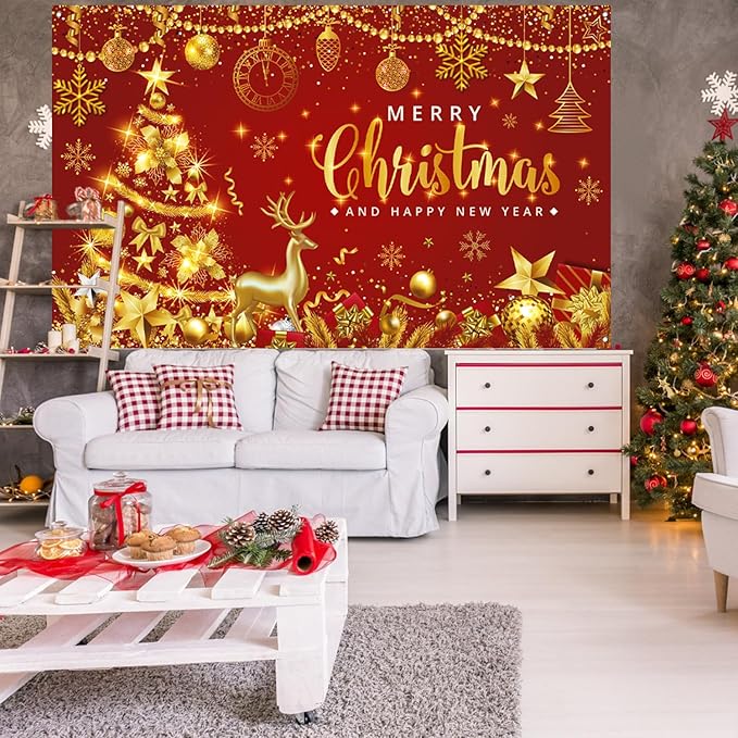 Red Gold Christmas Backdrop - Merry Christmas Banner for Xmas New Years Eve Party Decorations, 71x43inch