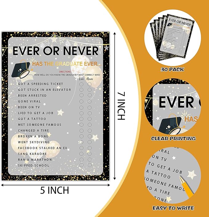 Graduation Party Games - Ever Or Never Game Cards for The Graduate - Graduation Party Decorations 2024 - Gold & Black Grad Celebrations Party Supplies for High School/College - 30 Game Cards(E02)