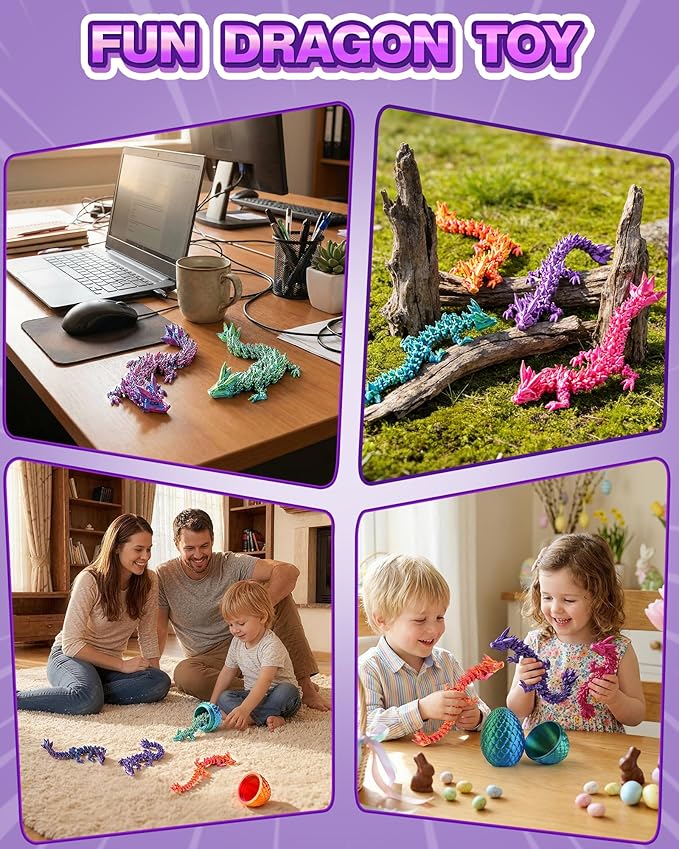 24PACK 3D Printed Dragon Eggs, Easter Basket Stuffers for Children and Teens, Unique Easter Toys & Gifts for Boys, Mini Articulated Dragon Game Toys for Kids.